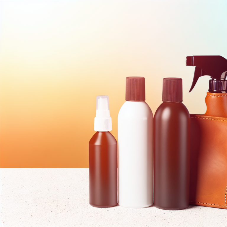 Bouteilles de produits de nettoyage pour cuir sur un comptoir avec un fond dégradé orange.