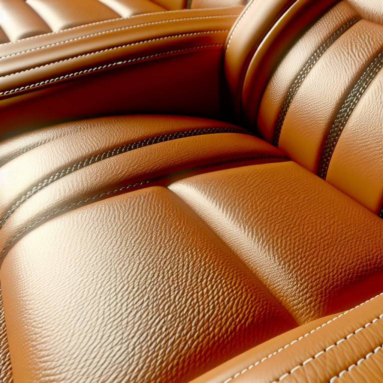 Gros plan sur un siège de voiture en cuir luxueux montrant la texture et les coutures.