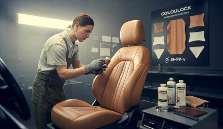 Technicien professionnel rénovant et teintant un siège en cuir automobile dans un atelier moderne avec équipement écologique