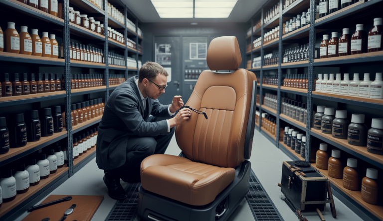 Formation professionnelle en rénovation du cuir automobile en Île-de-France dans un centre spécialisé avec un formateur expert et un stagiaire travaillant sur un siège en cuir de voiture de luxe