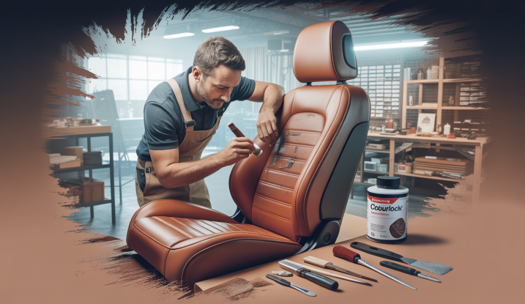 Technicien en formation rénovant un siège de cuir automobile ancien, utilisant des produits de teinture et de protection dans un atelier moderne bien éclairé