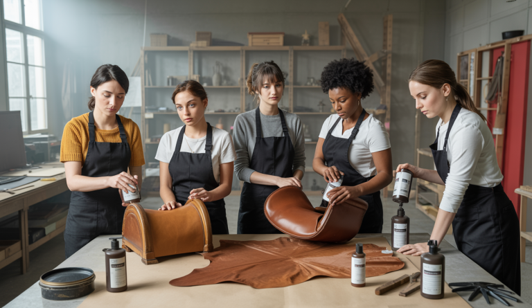 Atelier professionnel en Île-de-France montrant un formateur et des stagiaires en formation de rénovation écologique du cuir sur mobilier et automobile, avec outils et produits durables visibles
