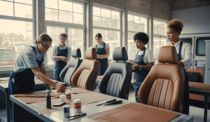 Atelier de formation en rénovation du cuir automobile en Île-de-France avec un formateur guidant des stagiaires appliquant des techniques professionnelles sur des sièges en cuir dans un centre moderne