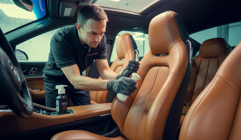 Atelier de formation professionnelle en rénovation de cuir automobile avec formateur montrant des techniques de réparation et de teinture sur siège en cuir dans un intérieur de voiture moderne