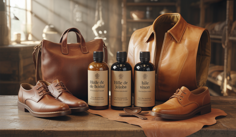 Gros plan de bouteilles d'huile de pied de bœuf, d'huile de jojoba et d'huile de vison posées à côté d'accessoires en cuir patinés, avec un chiffon doux et une brosse d'entretien sur un fond en bois chaleureux
