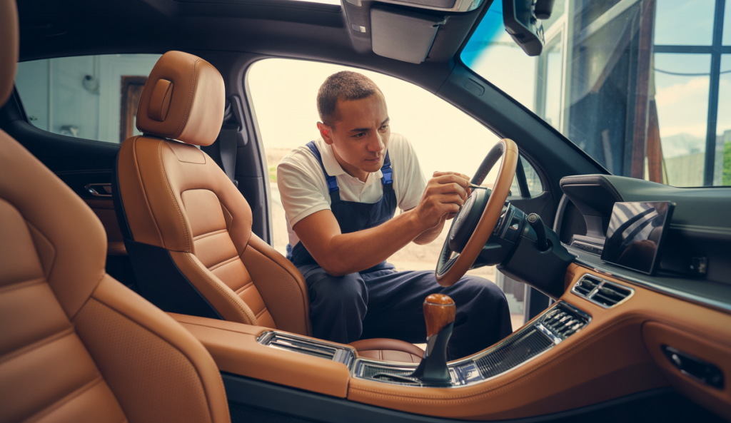 Atelier professionnel de rénovation du cuir automobile avec technicien réparant un siège en cuir de voiture de luxe, ambiance moderne et élégante