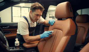 Professionnel formé à la rénovation de cuir automobile avec la méthode Geist® appliquant un traitement enzymatique sur un siège en cuir premium dans un atelier spécialisé moderne et propre
