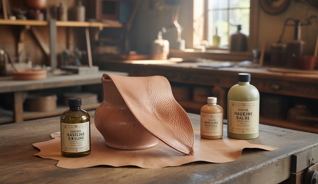 Un flacon de vaseline à côté d'une pièce en cuir avec des échantillons de produits d'entretien alternatifs pour cuir
