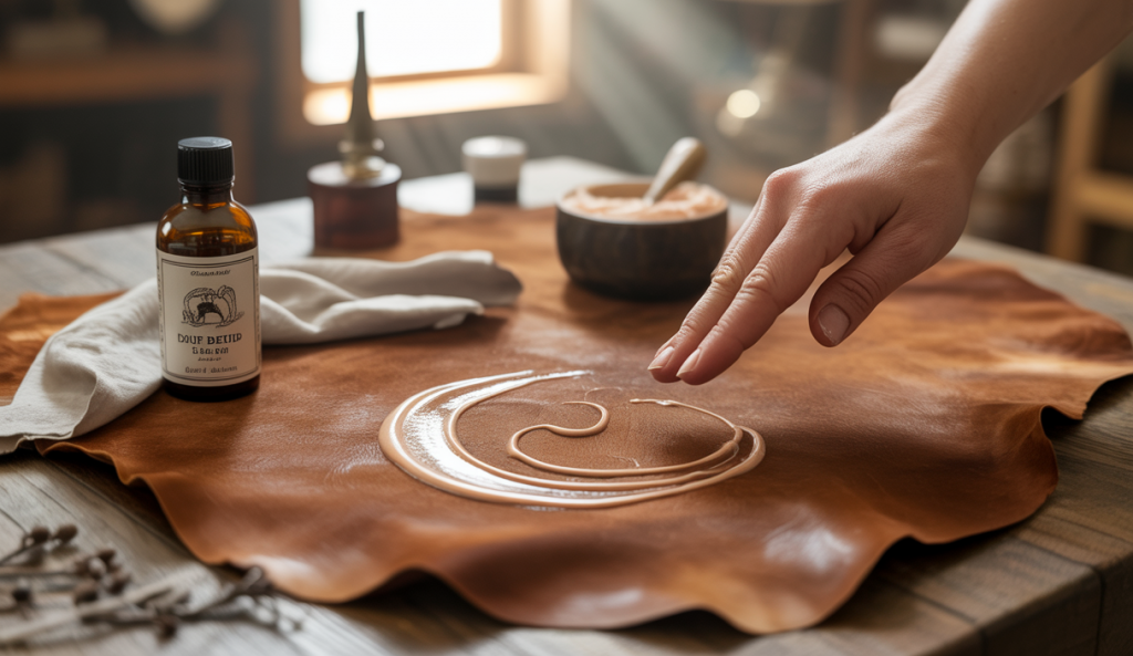 Un cuir brun souple traité avec des méthodes naturelles et professionnelles, montrant des outils et produits comme huile de pied de bœuf, chiffon doux et crème nourrissante