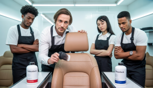 Un formateur professionnel montrant le nettoyage, l'hydratation et la réparation d'un siège en cuir automobile dans un atelier moderne équipé, avec apprentis en formation pratique autour