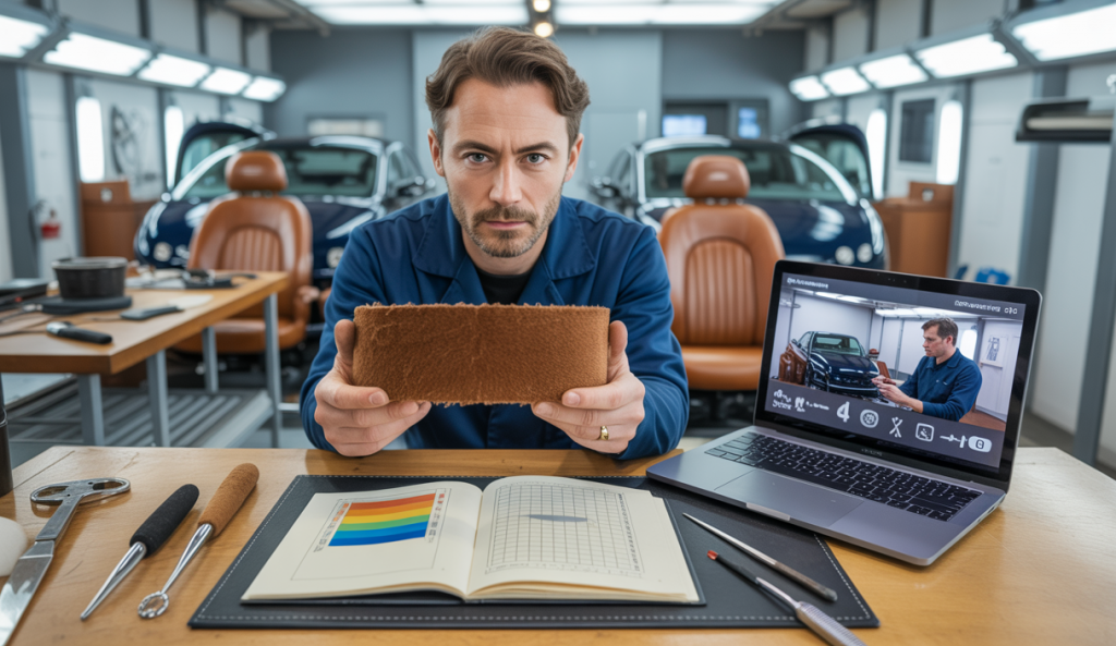 Un professionnel restaurateur de cuir automobile montrant un échantillon de colorimétrie de cuir dans un atelier moderne avec un ordinateur affichant un cours en ligne, carnet de suivi PDF ouvert à côté.