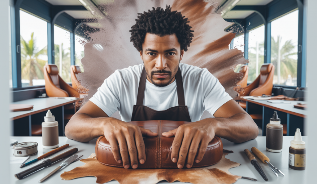 Portrait d’un professionnel martiniquais en formation de restauration de cuir automobile illustrant un parcours transatlantique et un accompagnement individuel pour lancer son entreprise en 90 jours