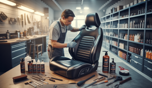 Un professionnel utilisant des outils spécialisés pour restaurer le cuir d’un siège automobile dans un atelier moderne et bien équipé