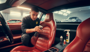 Technicien restaurateur de cuir auto en formation avec produits Colourlock sur siège en cuir rouge Ferrari, ambiance professionnelle haut de gamme