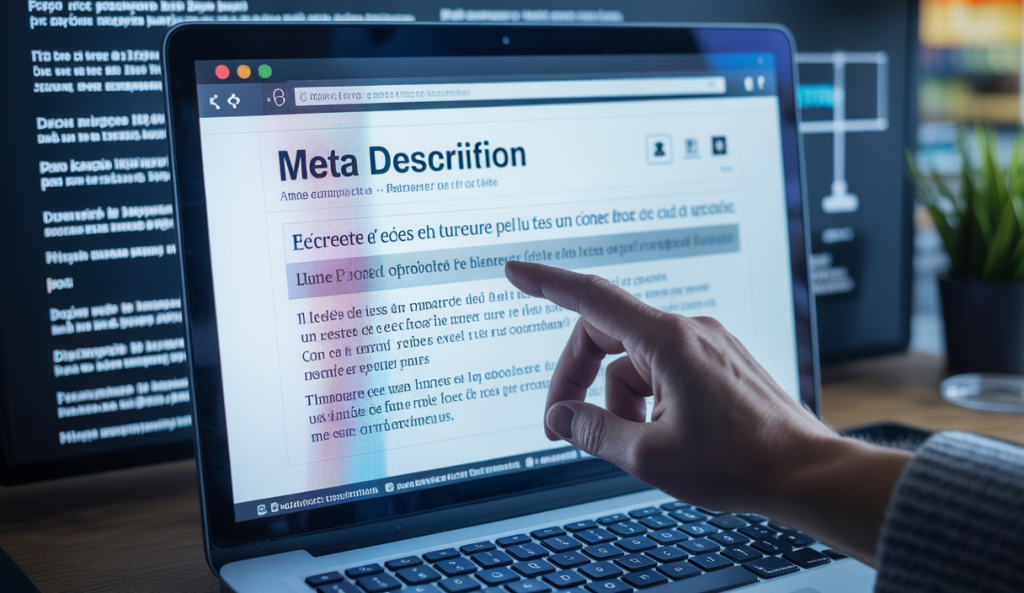 Illustration d'une page web affichant une meta description dans les résultats de recherche, avec mise en avant d'un résumé clair et concis du contenu